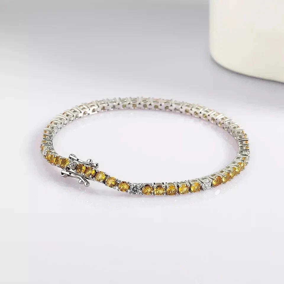 8 克拉圆形切割实验室黄色蓝宝石网球手链 14K 镀白金 — 第 1/4 张图片