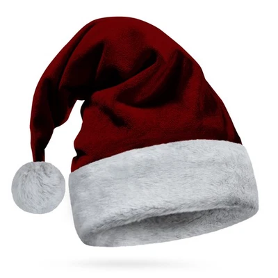 Sombrero de Papá Noel rojo oscuro borgoña, gris ribete de lobo peludo piel sintética - ciruela carmesí granate Foto 1 de 4