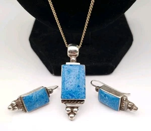 Conjunto de pendientes colgantes de plata mexicana 925 denim lapislázuli cadena de 23" de colección - Imagen 1 de 12