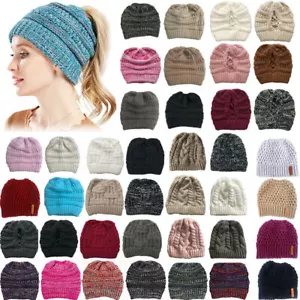 Women Messy Bun Knit Ponytail Beanie Hat Plain Winter Warm Wooly Cap Headwear· - Picture 1 of 53