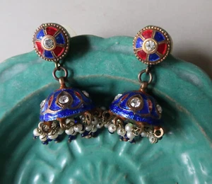 Vintage 3.5cm Long Indian Enameled Metal Post Dangle Earrings - Picture 1 of 5