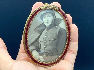Antique Guilloche Enamel Gilt CDV Miniature Picture Photo Frame Fireman Portrait - Image 1 of 4