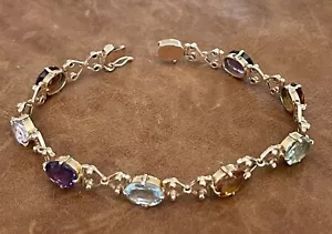 Vintage C.1950s 14Kt Rose Gold Natural Oval Multi-Gemstones Link Bracelet 7.5” - Picture 1 of 11