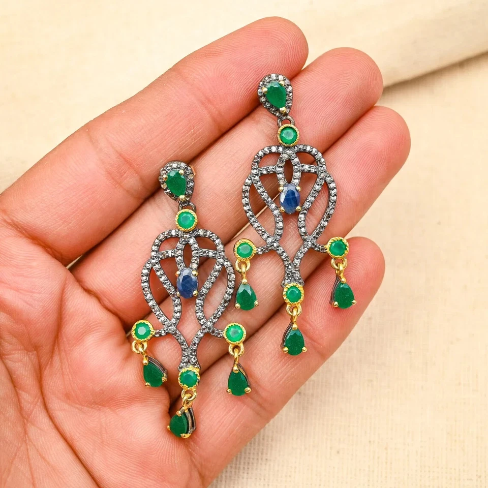 Designer Smaragd & Saphir Edelstein Ohrringe Mit Pave Diamanten 925 Silber Gift - Bild 1 von 4