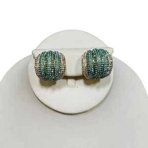 Joan Boyce Pave Crystal Earrings Blue Half Hoop Huggie Clip On Statement New - Picture 1 of 4