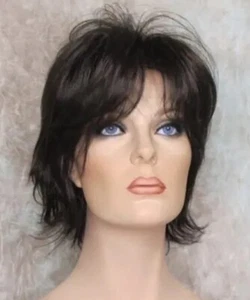 SWANNA Dark Brown Short Wig Shorter Full Body Layers Bangs - Picture 1 of 9