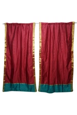 2 Indian Silk Sari Curtain Maroon Window Treatment Door Draperies 84x44