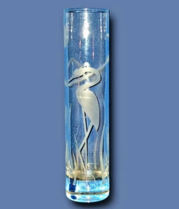 Vaso Vetro Eched Airone Luna Egret Acqua Stile MCM 8"x1,5" Trasparente - Foto 1 di 6