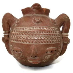 Mexican Folk Art Pottery Handcrafted Pre-Colombian Clay Head Vessel Vase 3 3/4” - Picture 1 of 5