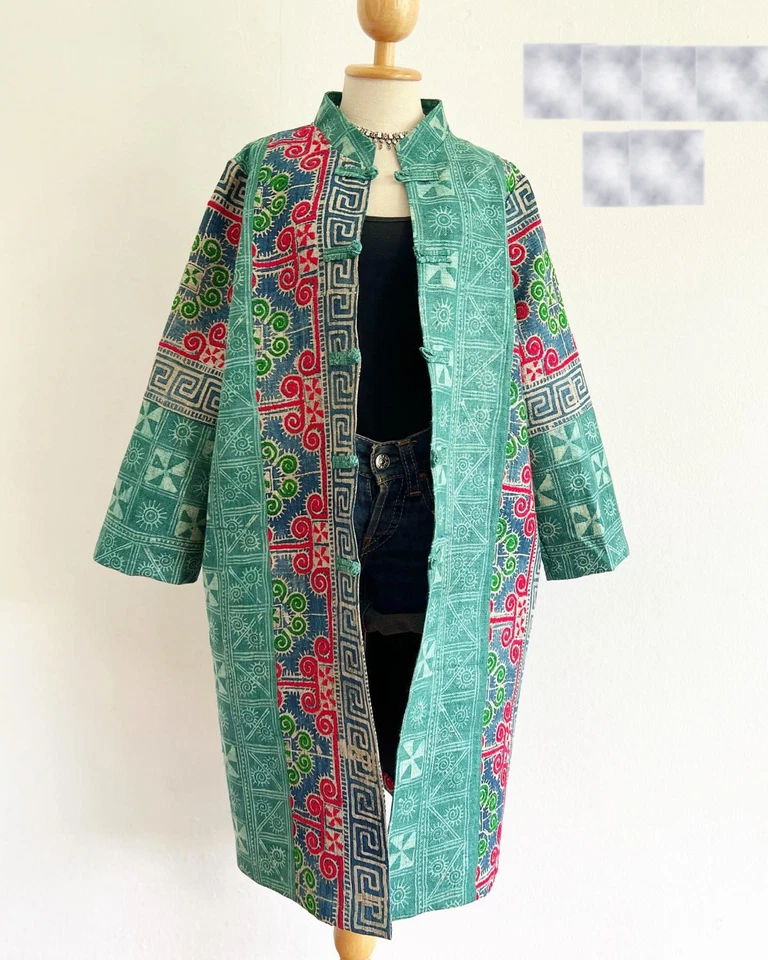 Women's Thai Green Hemp Coat Hand Writing Candle Indigo-dyed Embroidery Size 42" - Image 1 of 4