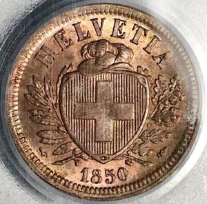 1850-A PCGS MS-65 RB Switzerland 2 Rappen Choice Red Brown Paris Coin 25052503C - Picture 1 of 6