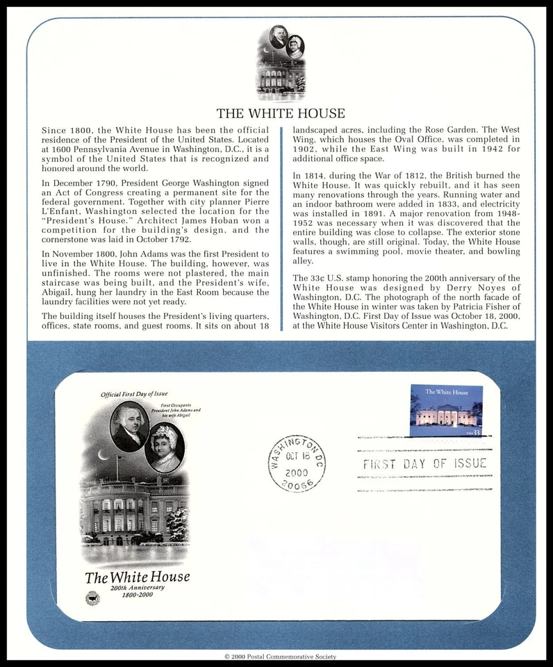 2000 The White House Sc 3445 FDC PCS presidency symbol landmark neoclassical - Image 1 of 1