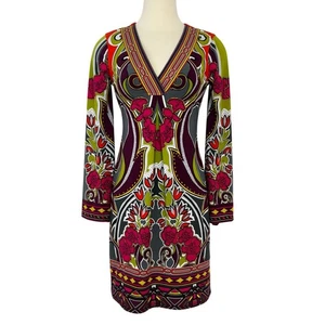 Hale Bob Lotus Stretch Jersey Shift Mini Dress Long Bell Sleeves Retro Floral XS - Picture 1 of 12