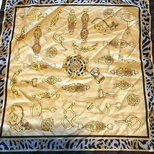 Equestrian Animal Print Scarf 20" X 20" square 100% Polyester Gold Beige Black - Picture 1 of 7