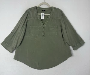 Torrid Harper Blouse Challis Dusty Olive Mineral Wash Roll Tab Sleeve Size 2 NWT - Picture 1 of 14