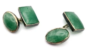 Aventurine Gem Set Cufflinks In Silver Mounts Handmade Chain Link - Picture 1 of 9