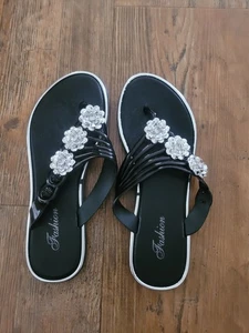 Schwarze Damen-Flip-Flops der Marke Modemarke mit Strass Blumen - Bild 1 von 4