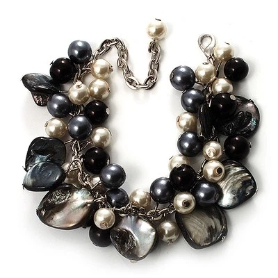 Blanco / Negro Faux Pearl Bead / Shell Charm Bracelet en tono plateado / 15cmL / 7cm Ext Foto 1 de 4