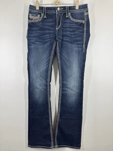 Rock Revival MidRise Urban Red Boot Embroidered Embellished Blue White Jeans 28  - Picture 1 of 6