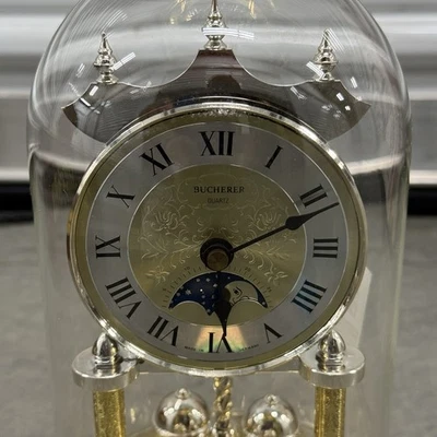 Vintage Bucherer Quartz Anniversary Moon Dial Clock Glass Dome Made in Germany - Image 1 of 4