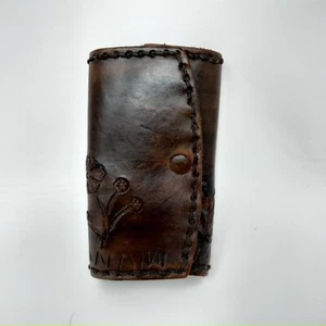 Vintage Schlüsseletui mit Verzierung Handarbeit Leder braun Dreifachfaltung Druckknopfverschluss - Bild 1 von 7