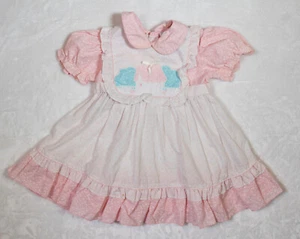 Vtg 80s Mayfair Pink White Pinafore Girls Dress Size 3T Ruffles House Applique - Picture 1 of 14