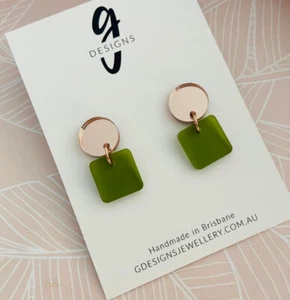 Last Pairs - Statement Earrings - Acrylic - Rose Gold Mirror/Olive Green Fros... - Picture 1 of 3