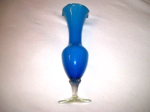 Handblown Blue Glass Vase w/ Clear Base-12"H x 3 1/2" W - Picture 1 of 2