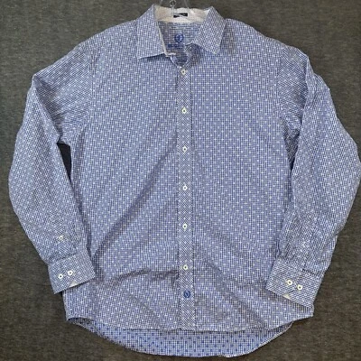 Bugatchi Men Button-Up Geometric Check Classic Fit Shirt Flip Cuff Blue Sz Large - Image 1 of 4