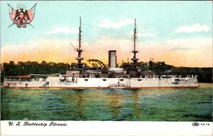 U.S. CORAZZATA NAVALE ILLINOIS IN MARE - VECCHIA CARTOLINA - Foto 1 di 2