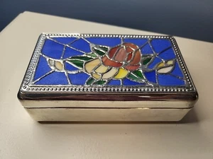 Vtg Silver plated, stain glass lid, red velvet lined, jewelry box 7"L x 5"W - Picture 1 of 11