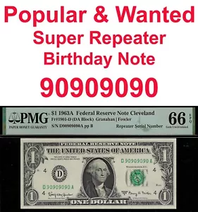 1963A $1 Federal Reserve Note PMG 66EPQ super repeater fancy birthday 90909090 - Picture 1 of 3