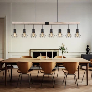 Pendelleuchte Hängeleuchte Esszimmerlampe 8 Flammig Metall Holzbalken schwarz - Bild 1 von 12
