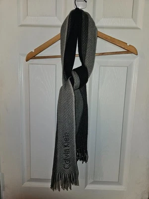 Calvin Klein Men's CK Fashion Scarf Knit Fringe Gray/Black NWOT Spellout - Image 1 of 3