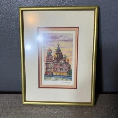 Pequeño marco Rusia acuarela impresión Iglesia del Salvador San Petersburgo firmado Foto 1 de 4