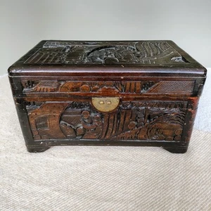 Antique Asian Camphor Wood Chest Box Handcarved Hinged 11.5 x 8 x 6.5 Rich Brown - Picture 1 of 14