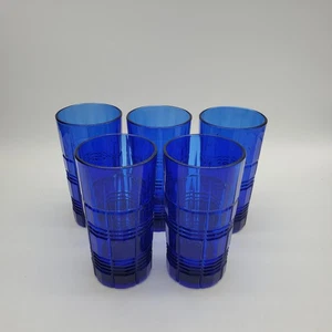 5 Cobalt Blue Ridged Grid Pattern Tumble Glasses - Picture 1 of 8