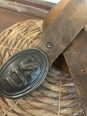 Vintage US Belt Buckle With Leather Belt Buckle Is Civil War Replica 29”-35” - Image 1 of 4