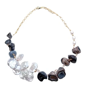 Freshwater White Keshi Pearl Black Agate Geode Quartz Choker Necklace - Picture 1 of 9