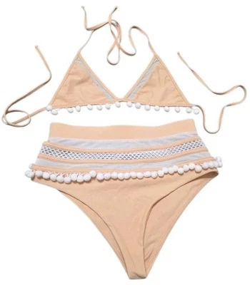 Tularosa Bikini High Waist Bottom Pom Poms Mesh Swimsuit Peach Women's S H21.1 - Image 1 of 4