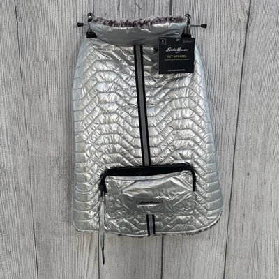 Eddie Bauer Dog Coat Large Silver Foil Metallic Winter Jacket Quilted Sherpa - Image 1 of 4