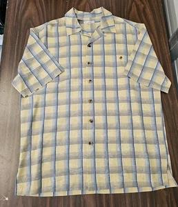 ENRO Soie Vintage Men Shirt 100% Silk Size M/M Medium Short Sleeve Yellow Blue - Picture 1 of 6