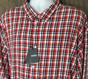 HUGO BOSS Mens BIG 4XL Red Black Plaid Long Sleeve Cotton Shirt NEW $138 - Picture 1 of 11