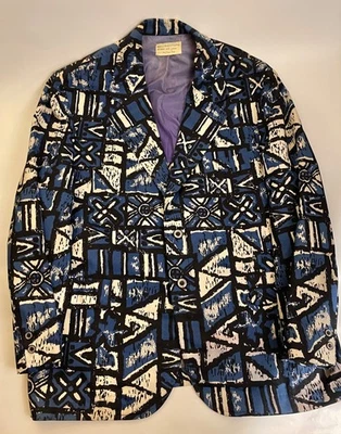 Vintage Sandwich Isles Men’s Sport Coat Jacket Blazer Blue Tapa Tiki 60s Mod S44 - Image 1 of 4