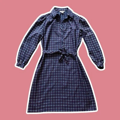 De colección ~ Años 70 ~ Schrader Sport ~ Vestido Camisa A Cuadros Azul Marino ~ Cintura Atada ~ Talla 18 Foto 1 de 4