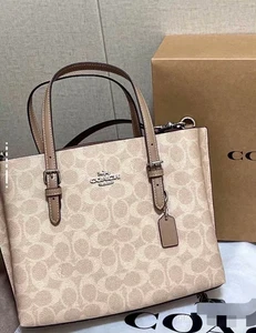 NWT COACH Mollie Tote Bag 25 in Signature Coated Canvas Silver/Sand/Taupe - Picture 1 of 10