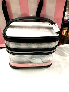 Victoria’s Secret Zugetui Reisetasche transparent rosa Streifen Logo 4-teiliges Set neu mit Etikett - Bild 1 von 5
