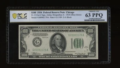 DBR 1934 $100 DGS FRN Chicago Fr. 2152-Gdgs PCGS-B 63 PPQ Serial G09983179A - Image 1 of 2