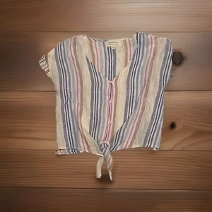 Cloth & Stone Top Womens Medium Striped Linen Blend Tie Detail Button Beachy - Picture 1 of 8