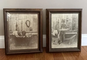 2x R.Hendrickson Sepia Art Framed Prints Woman/Couple In Bath Metal Tub Nude Set - Picture 1 of 20